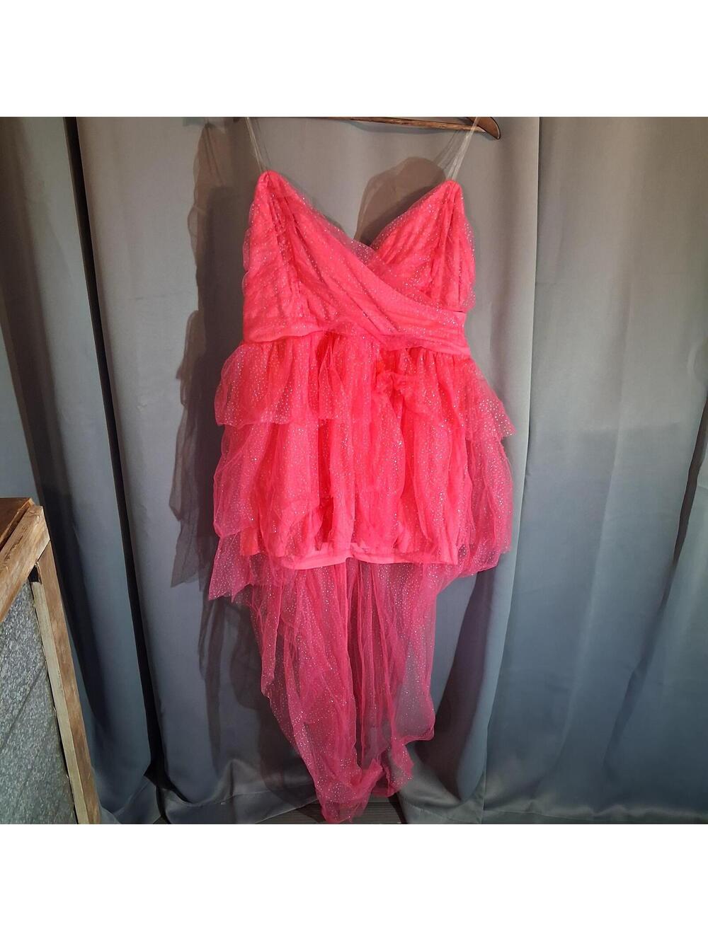 Pink Sparkly High-Low Tulle Dress with Spaghetti Straps
